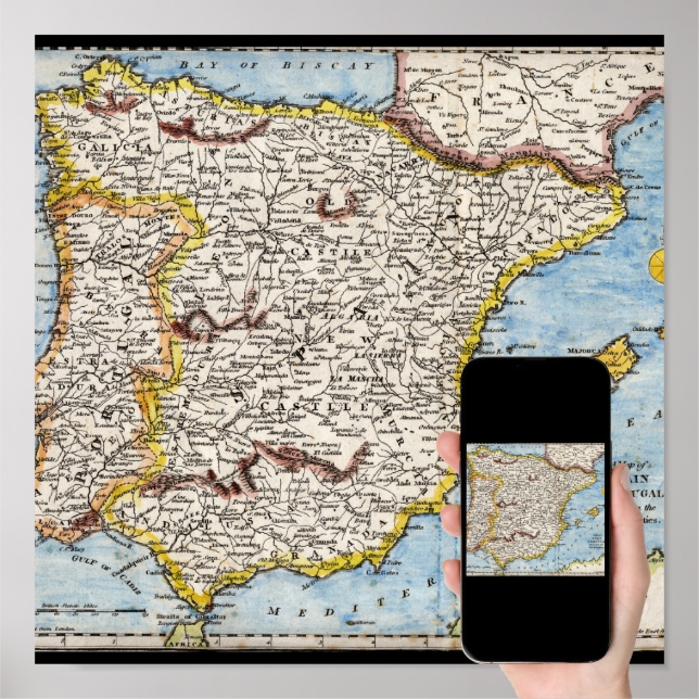 Póster Mapa antigo da Espanha e Portugal na década de 170